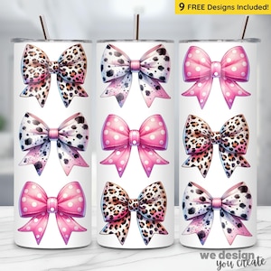 Coquette Bow-beker png, 20 oz skinny beker downloaden, luipaardprint, Dalmatische print, polkadotbogen png, girly linten, girly beker png