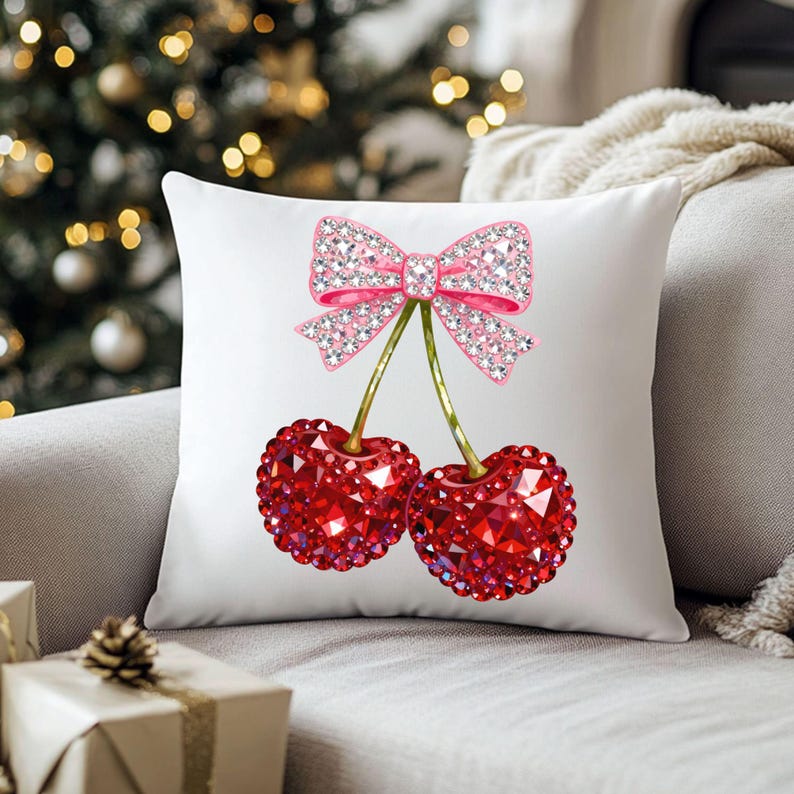 May include: White decorative pillow featuring a pair of red jewel-encrusted cherries with green stems and a pink jeweled bow. The pillow is on a gray couch with a Christmas tree in the background.