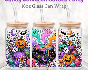 Halloween Glass Can Wrap Design, Halloween 16oz Can Design, Cute Ghost Pumpkin Sublimation, Colorful Spooky Digital Download