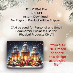 May include: Three glowing lanterns with candles inside, surrounded by red poinsettia flowers, pine cones, and orange slices. The lanterns are on a snowy surface with a dark blue background and white stars. The text "**You MAY NOT resell or share this design as a digital file.**" is at the bottom right of the image.