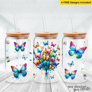 Butterfly Glass Can Wrap Digital Sublimation Design 16oz Glass Can Wrap Butterfly Sublimation Design PNG, Butterfly PNG Floral Glass Can PNG