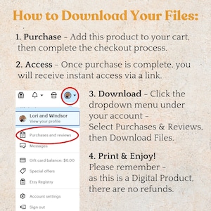 May include: Instructions on how to download digital files after purchase. Steps include purchasing, accessing via a link, downloading from the account's purchase history, and printing. The image shows the Etsy interface.