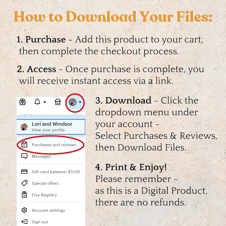 May include: Instructions on how to download digital files after purchase. Steps include purchasing, accessing via a link, downloading from the account's purchase history, and printing. The image shows the Etsy interface.