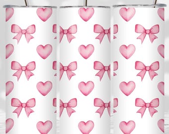 Valentines Day Tumbler Wrap, Hearts Tumbler Wrap, 20oz Skinny Tumbler Sublimation Design, Digital Download, Coquette Bows Tumbler PNG