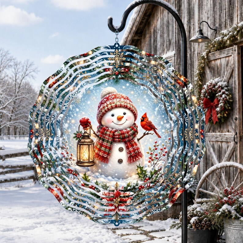 May include: A circular metal wind spinner featuring a central illustration of a snowman wearing a red patterned hat and scarf, holding a lit lantern, with a red cardinal perched on its arm, surrounded by holly, snowflakes, and a blue background.