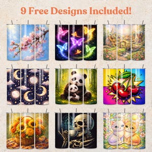 May include: Nine stainless steel tumblers with various designs are displayed. Designs include cherry blossoms, butterflies, a fairytale landscape, a night sky with moons, pandas, cherries, sunflowers, a skull, and stained-glass cats. The text "9 Free Designs Included!" is at the top.