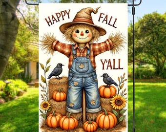 Happy Fall Y&#39;all Scarecrow Garden Flag PNG, Autumn Flag Sublimation Design, Autumn Decor 12x18 Flag PNG, Garden Art, Fall Outdoor Decor