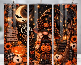 Halloween Gnome Tumbler Wrap PNG, Too Cute to Spook 20oz Skinny Tumbler, Halloween Gnome Witch Sublimation