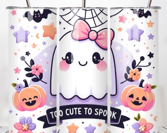 Cute Ghost Halloween Tumbler Wrap, 20oz Skinny Tumbler Sublimation Design, Coquette Ghost, Too Cute to Spook Halloween PNG, Kawaii Ghost PNG
