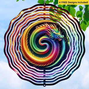 May include: A colorful metal wind spinner with a rainbow dragon design. The dragon is curled in a spiral shape and has a swirling, galaxy-like background.