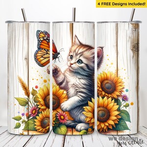 Kitten Tumbler Wrap 20oz Skinny Sublimation Tumbler Design, Cat Tumbler Sublimation PNG Cat and Butterfly Tumbler PNG Digital Wrap Sunflower