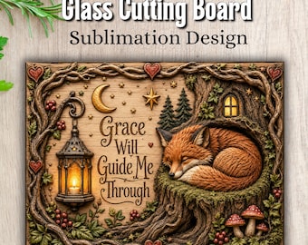 3D Fall Wood Carve Cutting Board PNG, Sleeping Fox Sublimation Design, Woodland Forest Kitchen Decor, Inspirational Digital Download
