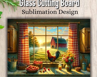 Glass Cutting Board Sublimation Design PNG, Farmhouse Kitchen Window Rooster, Kitchen Decor Digital Download, Country Chopping Board PNG