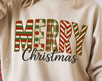 Buon Natale PNG, Lettere natalizie retrò, Strisce a quadri e pois Natale in sublimazione PNG, Grafica festiva per le vacanze, Lettere di Natale