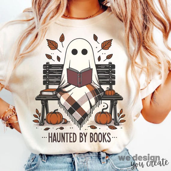 Haunted by Books Reading Ghost PNG, Fall Halloween Sublimation Design, Bookish Spooky Clipart, Book Lover PNG, Cute Ghost PNG, Autumn Ghost