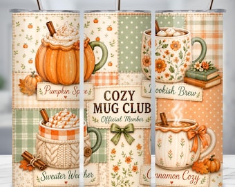 Adesivo per bicchiere termico Cozy Mug Club PNG, design sottile da 20 oz per sublimazione, adesivo autunnale Pumpkin Spice, design patchwork autunnale, download digitale