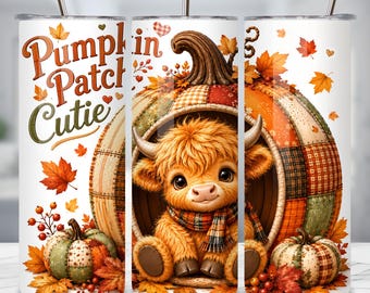 Highland Cow Tumbler Wrap PNG, Pumpkin Patch Cutie Fall Sublimation Design, 20oz Skinny Tumbler Wrap Digital Download, Autumn Cow Design