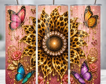 Adesivo per bicchiere termico con stampa leopardata e girasole PNG, design con farfalla, glitter rosa e gocce dorate, formato skinny da 20 oz, download digitale