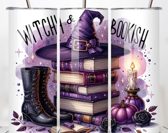 Envoltura para vaso de bruja de 20 oz, delgada, para sublimación, diseño digital, para amantes de los libros, PNG, vaso de bruja y libros, PNG, envoltura mística de Halloween