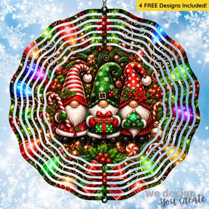 May include: A circular metal wind spinner featuring a festive holiday design with three gnomes wearing red and green hats, surrounded by holly, berries, and colorful lights. The text 4 FREE DESIGNS INCLUDED is printed in the top right corner.