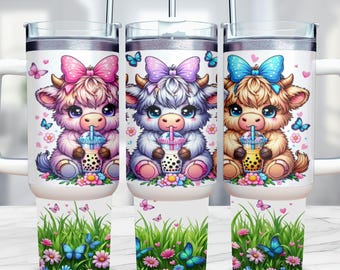 Highland Cow 40 oz Tumbler Wrap, 40oz Cute Cow Sublimation Design Tumbler Wrap, Highland Cow PNG, Boba PNG 40oz Floral Wrap, Cows with Boba
