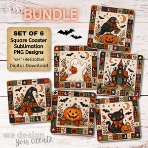 May include: A set of six square digital sublimation designs for coasters featuring Halloween themes including a crow, ghost, haunted house, witch hat, pumpkin, and black cat, all framed by a colorful plaid border with pumpkins and bats.