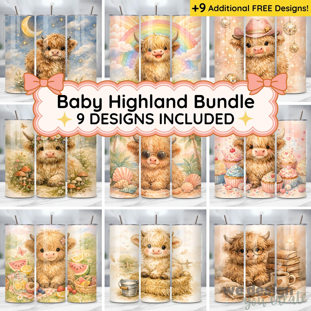 Baby Highland Cow Tumbler Sublimation Bundle PNG: Cute Watercolor Wrap ...