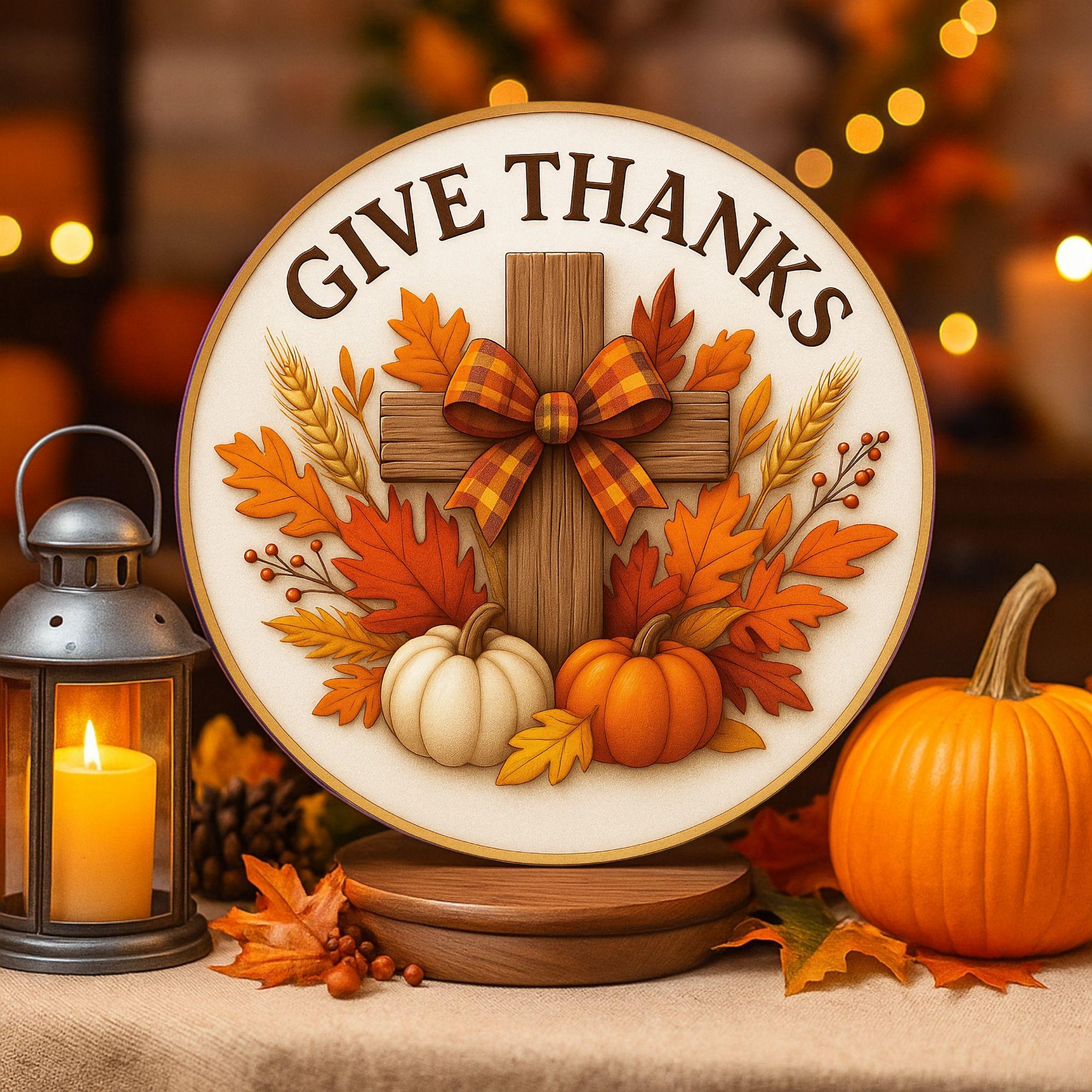 Give Thanks Door Hanger PNG, Fall Cross Sublimation Design, Cross