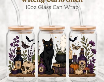 Witchy Curio Shelf Glass Can Wrap PNG, Black Cat Halloween 16oz Can Design, Gothic Botanical Sublimation, Digital Download