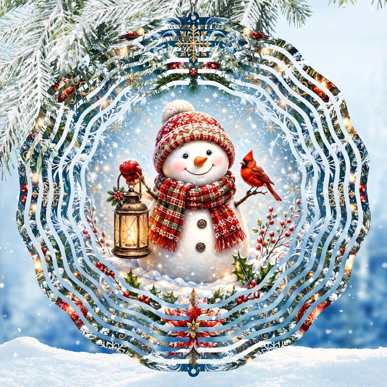 May include: A circular metal wind spinner featuring a snowman wearing a red patterned hat and scarf, holding a lit lantern. A red cardinal sits on a branch beside the snowman, surrounded by holly berries and snowflakes against a blue winter background.
