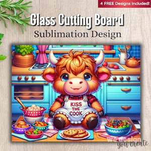 Tagliere in vetro con mucca carina, design a sublimazione, tagliere in vetro con mucca Kiss the Cook, PNG, download immediato del design PNG &quot;Highland Cow Lover&quot;
