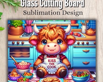 Cute Cow Glass Cutting Board Sublimation Design, Kiss the Cook Cow Chef Cutting Board PNG, Highland Cow Lover PNG Design Instant Download