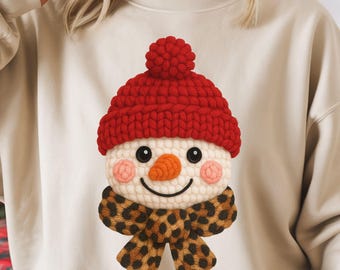 Snowman PNG Sublimation Design, Leopard Print Scarf, Cute Holiday Graphic, Knitted Snowman PNG, Winter Graphic for T-shirt, Winter Clipart