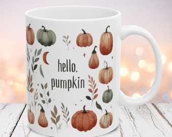 Pumpkin Mug Wrap, 11oz and 15oz Mug Sublimation Design Fall Mug PNG Autumn Mug PNG Hello Pumpkin Png, Fall Boho Mug Wrap Template Coffee Mug