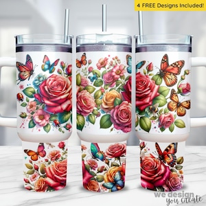 Floral 40 oz Tumbler Wrap, 40 oz Sublimation Design Tumbler Wrap, Butterfly PNG, Floral Roses PNG 40oz Floral Wrap, Butterfly Floral Tumbler