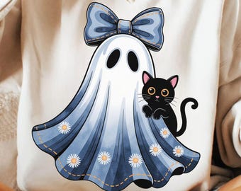 Retro Halloween Blue Denim Ghost PNG, Cute Boo Ghost Coquette Png, Spooky Season Png, Cute Ghost & Black Cat Halloween PNG, Ghost with Bow