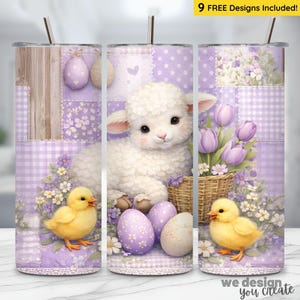 May include: A stainless steel tumbler with an Easter-themed design. The design includes a lamb, chicks, Easter eggs, and flowers in a lavender and white patchwork pattern. The text "9 FREE Designs Included!" is visible.