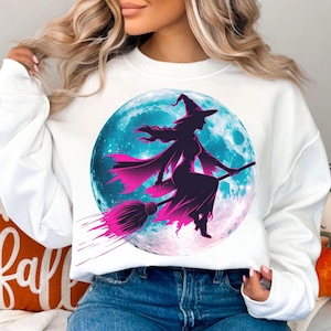 Halloween Witch PNG, Witch Silhouette Moon Sublimation PNG, Spooky Halloween Watercolor Design, Halloween Tshirt PNG Design, Halloween Retro