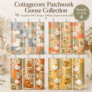 Könnte beinhalten: Eine digitale Sammlung von 4 nahtlosen Patchwork-Designs mit Gänsen, Erdbeeren, Kürbissen und Sonnenblumen auf zylindrischen Bechern. Der Text lautet Cottagecore Patchwork Goose Collection, Seamless PNG Designs, 300dpi, Digital Download, Bundle of 4.
