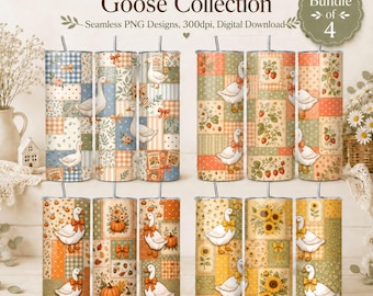 Pacchetto di rivestimenti per bicchieri termici Goose, patchwork cottagecore PNG, sublimazione skinny da 20 once, download digitale di trapunte floreali