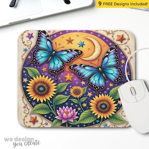 May include: Mouse mat with a colourful design of two blue butterflies, sunflowers, a crescent moon, and stars. The design is set against a purple and gold background. The text "we design you create" is at the bottom.
