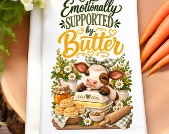 Funny Cow Kitchen Towel PNG, Emotionally Supported by Butter, Cow Baking Sublimation, Farmhouse Kitchen Design, Digital Download
