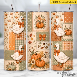 May include: A set of three stainless steel tumblers with a fall-themed design. Each tumbler features a patchwork pattern with pumpkins, geese, and autumn leaves. The tumblers have a straw and the text "9 FREE Designs Included!" is visible.