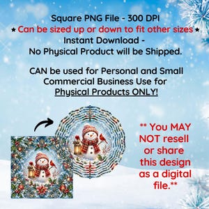 May include: A digital square PNG file featuring a snowman wearing a red plaid hat and scarf, holding a lantern with a red cardinal nearby. The design is shown on a circular wind spinner and a square background with text about usage and file details.