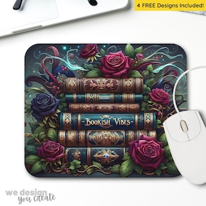 May include: A dark blue and green mousepad with a stack of old books decorated with gold accents and roses. The books have the text "Bookish Vibes" on the cover.