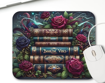 Bookish Vibes Mouse Pad Sublimation Design, Floral Mousepad PNG Design, Book Stack Sublimation Instant Digital Download Romantasy PNG Design