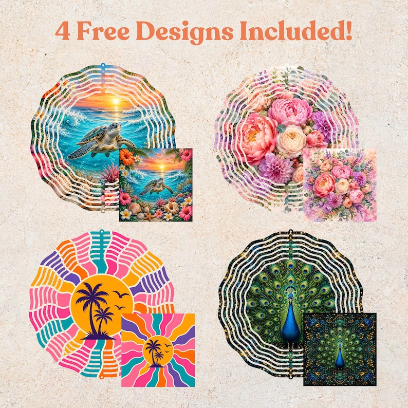 May include: Four circular metal wind spinners with wavy edges, each featuring a distinct graphic print: a sea turtle in the ocean, a bouquet of pink and white flowers, a sunset with palm trees, and a peacock with its feathers fanned out.