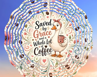 Saved by Grace Wind Spinner PNG, Funny Coffee Goose Design, Christian Farmhouse Sublimation, Floral Goose Yard Decor, Digital Download