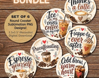 Pacchetto di sottobicchieri in formato PNG, disegni per sublimazione per amanti del caffè, sottobicchieri rotondi in formato PNG, regalo per amanti del caffè, citazioni da bar in formato PNG, download immediato
