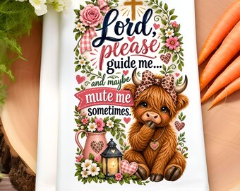 Highland Cow Kitchen Towel PNG, Funny Christian Sublimation Design, Farmhouse Tea Towel Graphic, Funny Cow Digital Download